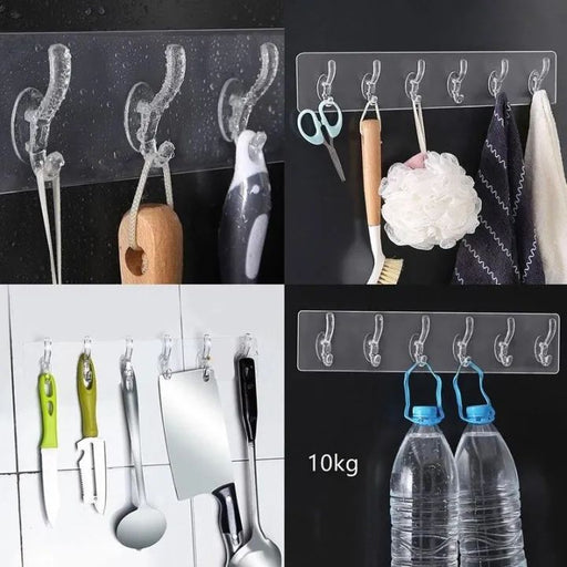 1 Pair Of 6 Hooks Transparent Self-Adhesive Door Wall Hangers