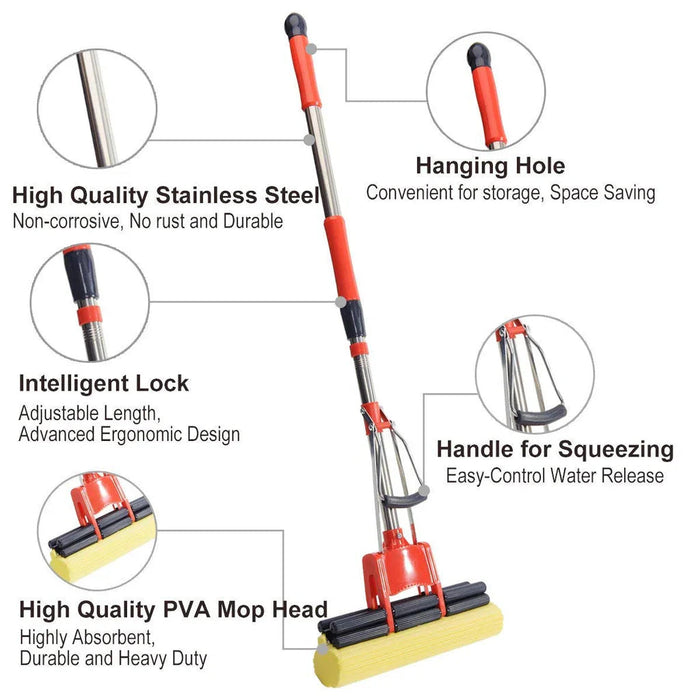 Double Squeeze Floor Sponge Mop – Hands-Free adjustable Lazy Mop with Super Absorbent Sponge