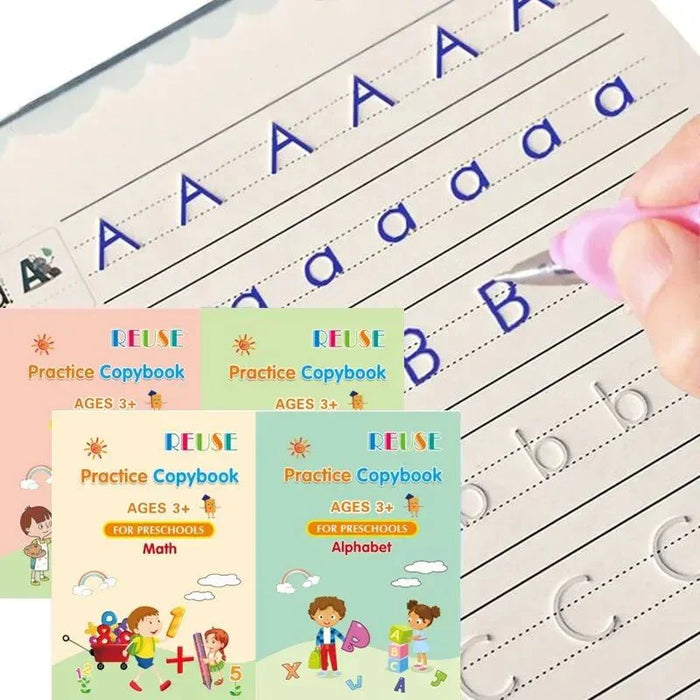Kids Reusable Practice Magic Books (4 Books + 1 Pen +  10 Refills)